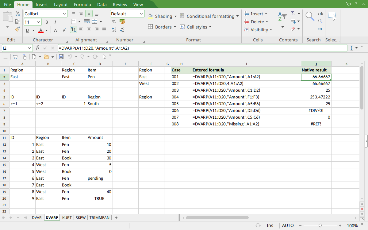 DVARP selected in PlanMaker with the input data visible and result 66.66667