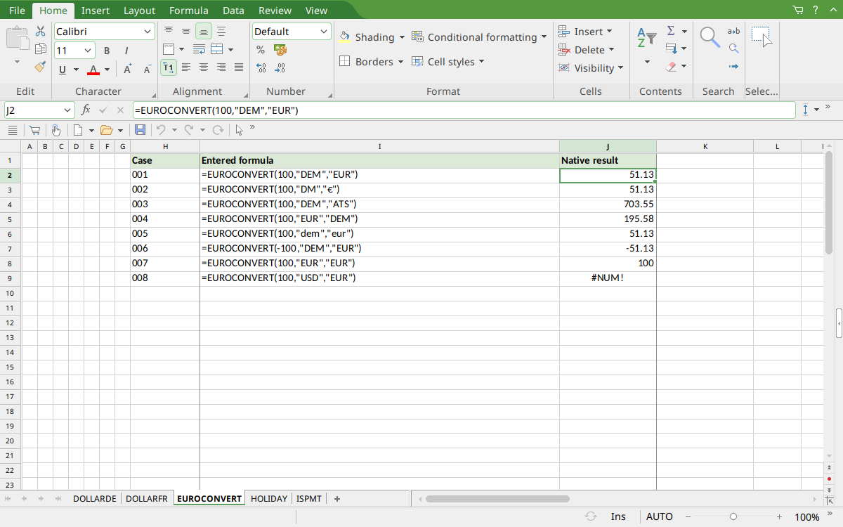 EUROCONVERT selected in PlanMaker, converting 100 DEM to 51.13 EUR