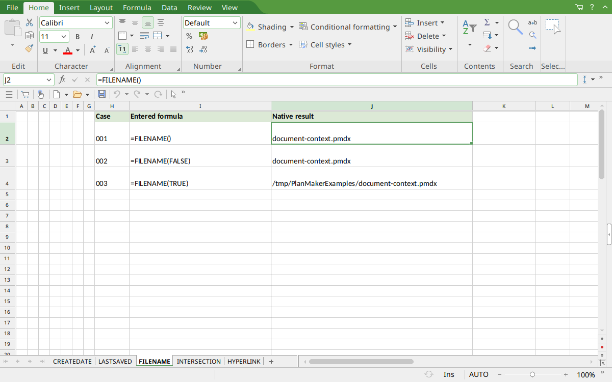 PlanMaker FILENAME selected J2 displays document-context.pmdx