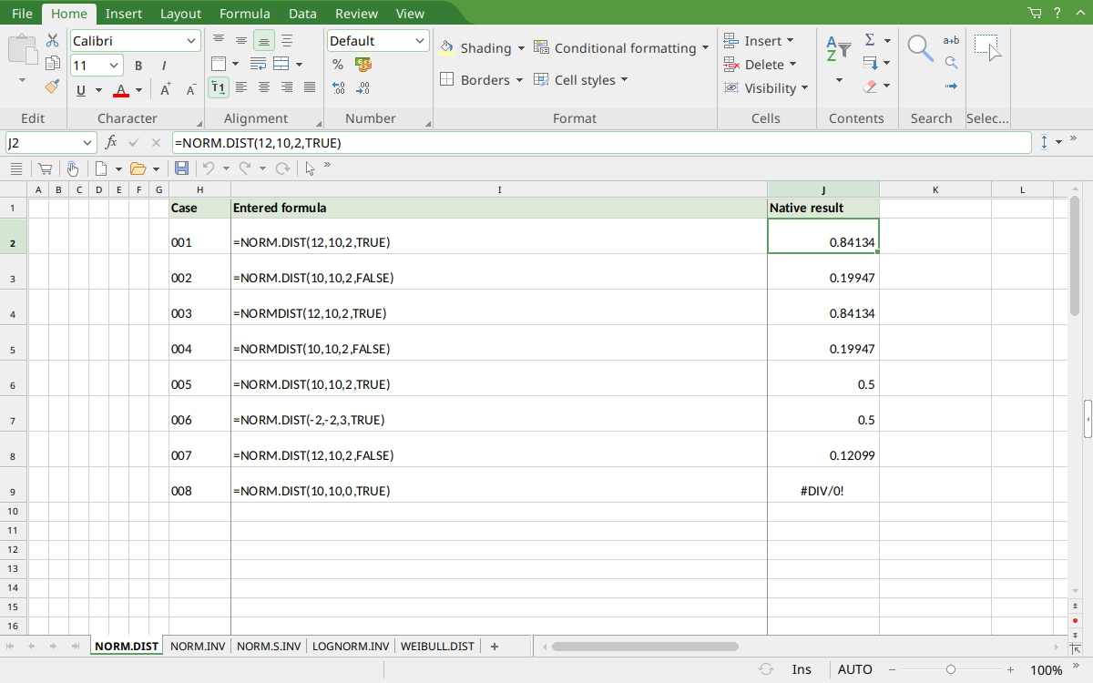 NORM.DIST selected in PlanMaker with displayed result 0.84134 and paired legacy examples