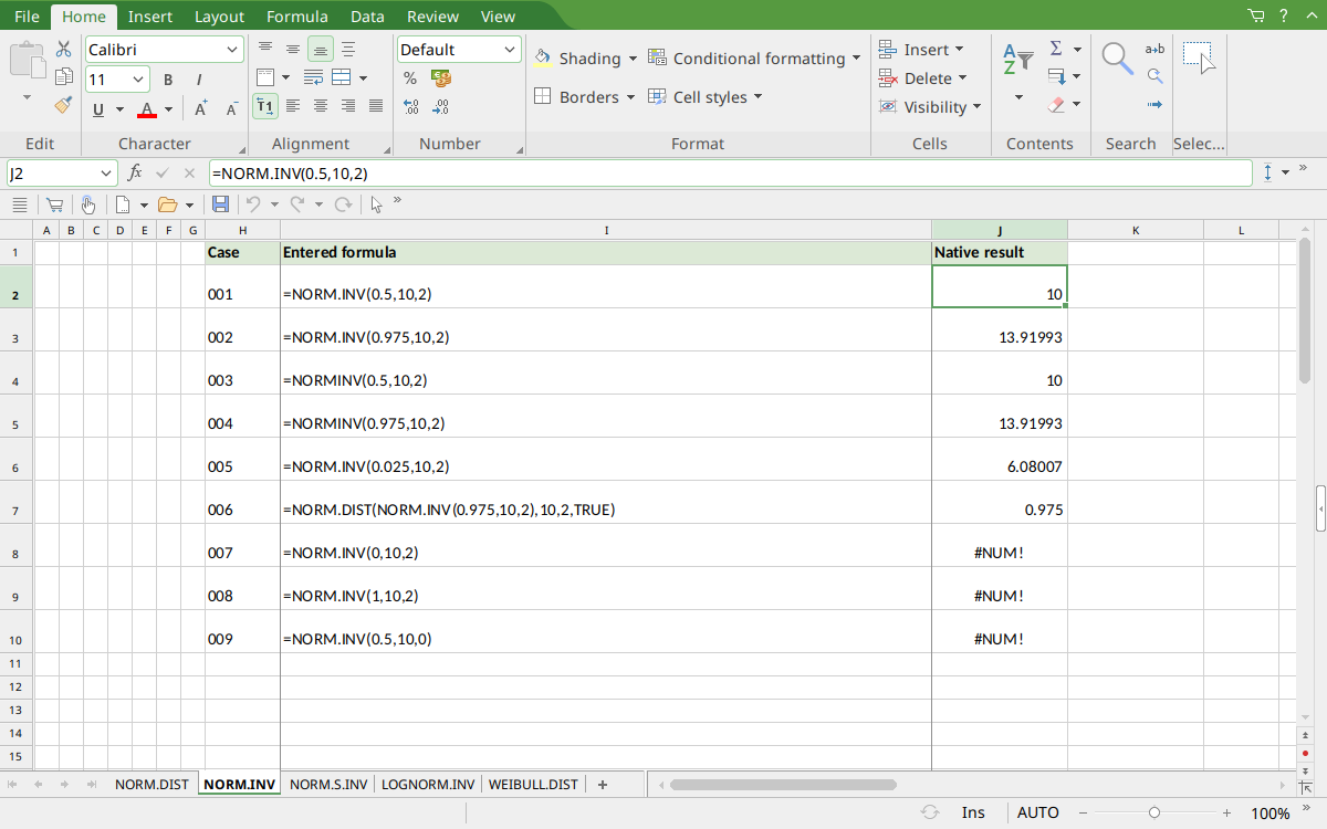 NORM.INV selected in PlanMaker with displayed result 10 and paired legacy examples
