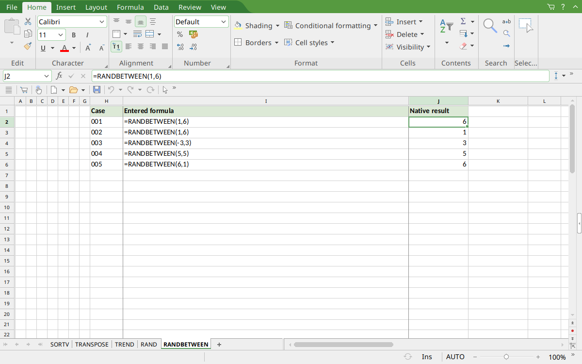 PlanMaker RANDBETWEEN selected J2 displays 6