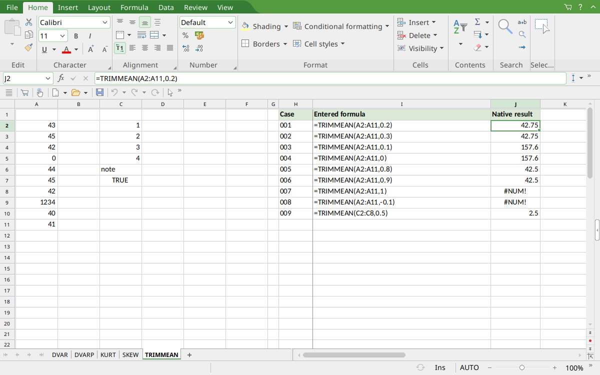 TRIMMEAN selected in PlanMaker with the input data visible and result 42.75