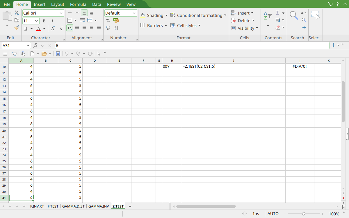 Lower rows of the Z.TEST input data with A31 selected and value 6