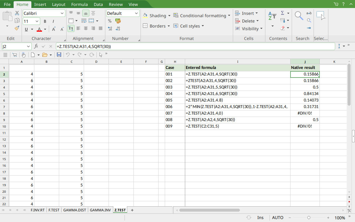Z.TEST in PlanMaker with selected J2 result 0.15866