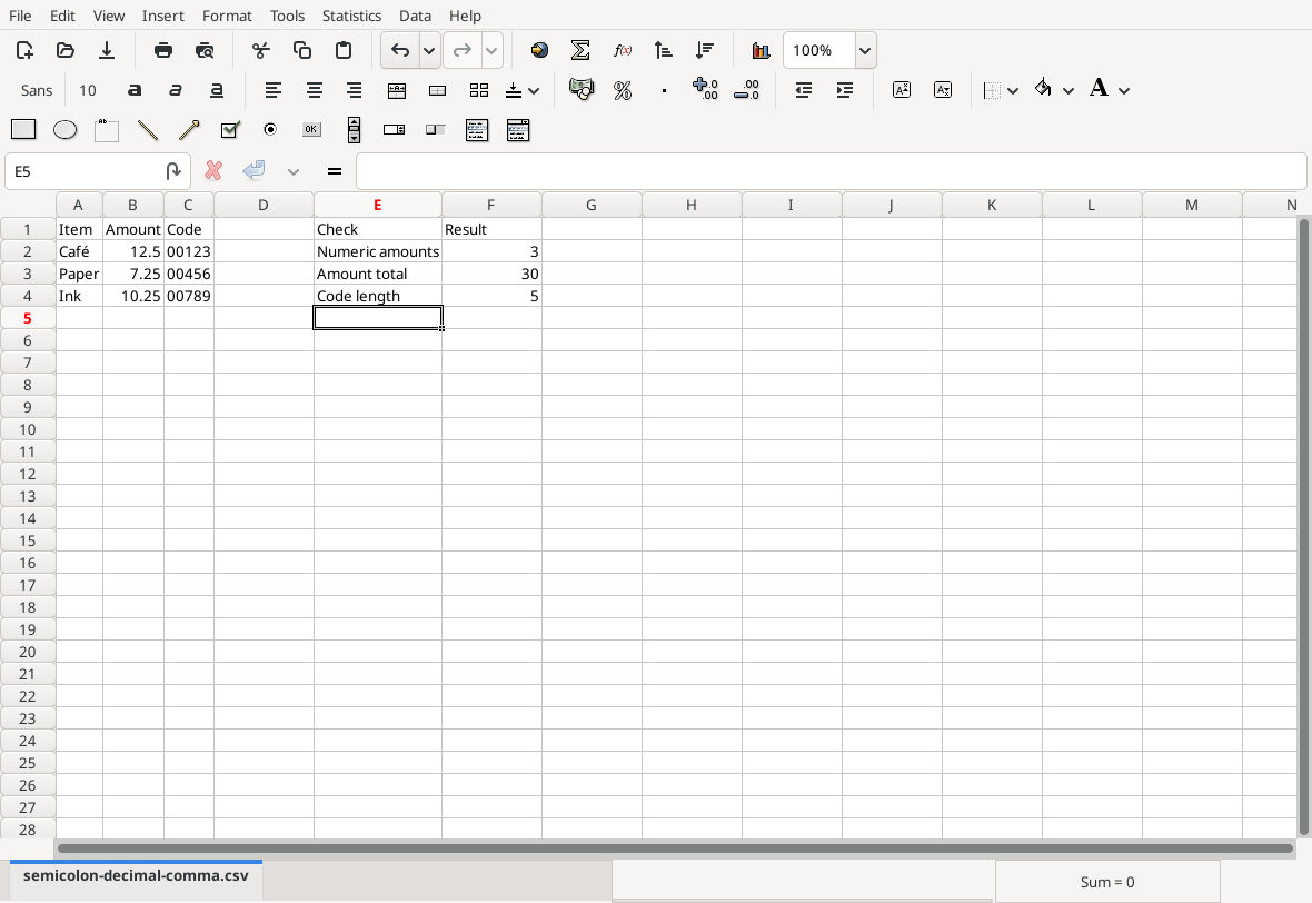 Gnumeric 1.12.57 imported values with leading-zero codes and COUNT SUM LEN results