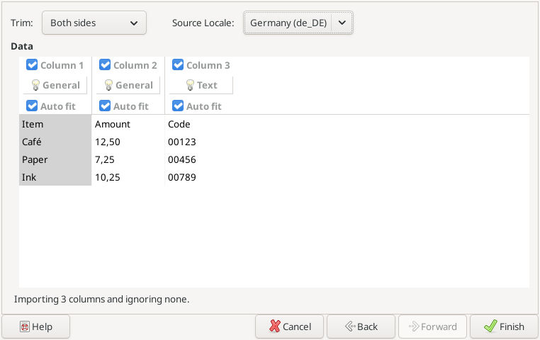 Gnumeric 1.12.57 import configuration with Germany source locale and Code column set to Text