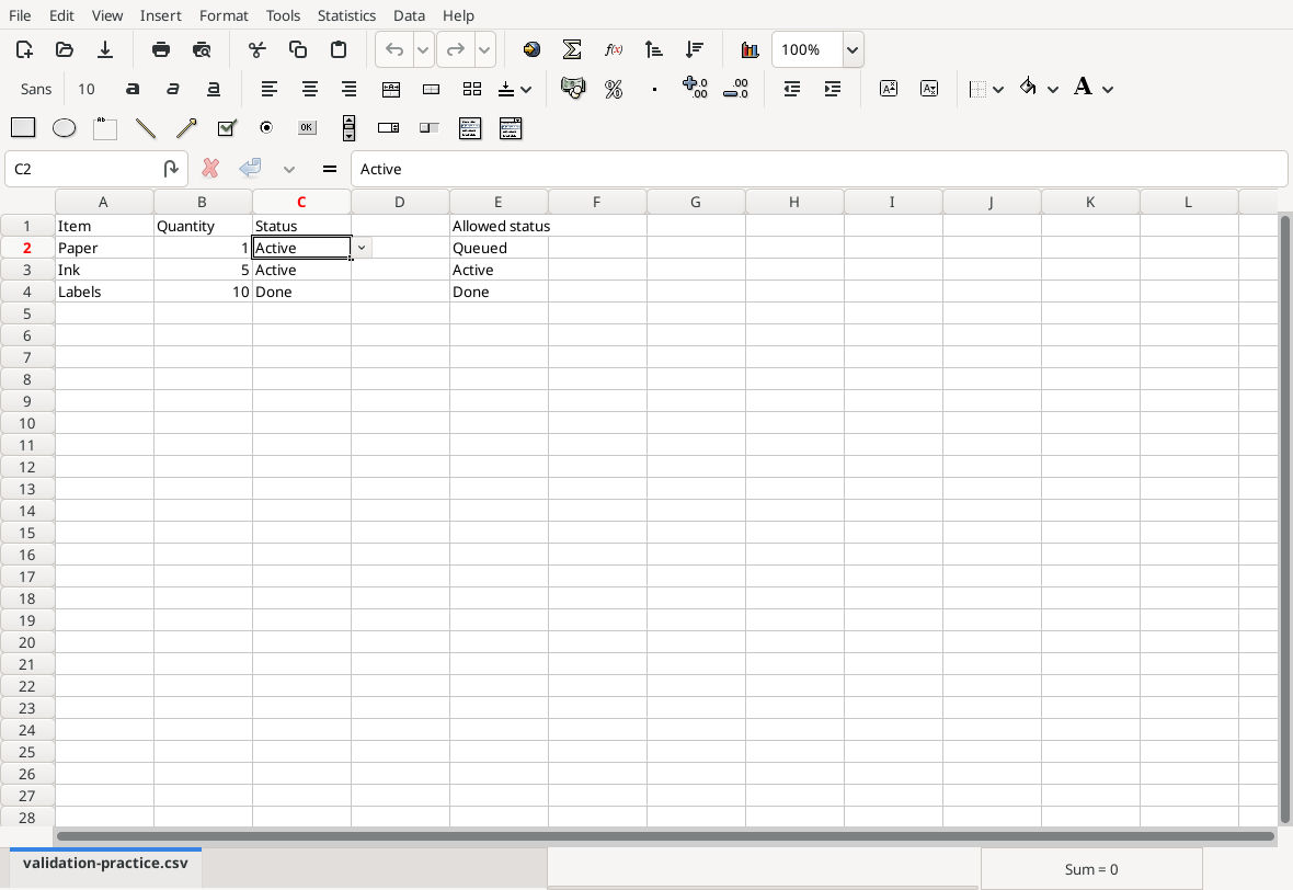 Reopened Gnumeric 1.12.57 workbook with validation data and selected Active status