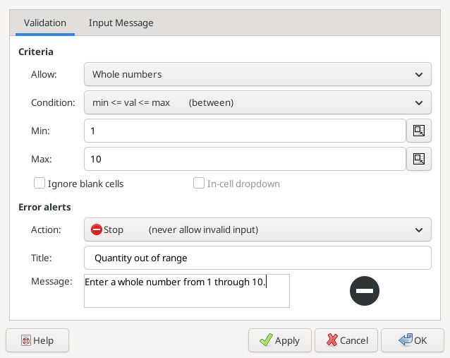 Gnumeric 1.12.57 whole-number validation from 1 to 10 with Stop alert