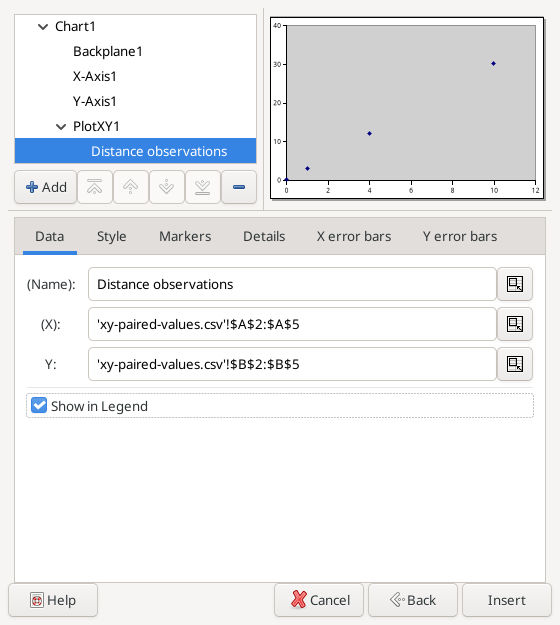 Gnumeric 1.12.57 XY series Data tab with explicit numeric X and Y ranges