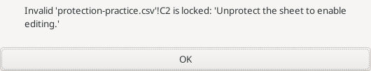 Gnumeric 1.12.57 warning that the protected C2 cell is locked