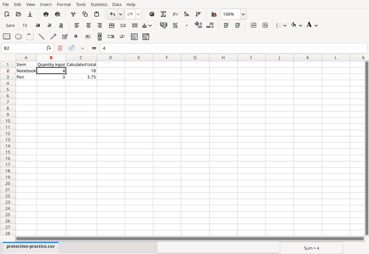 Gnumeric 1.12.57 reopened workbook with editable quantity 4 recalculating total 18