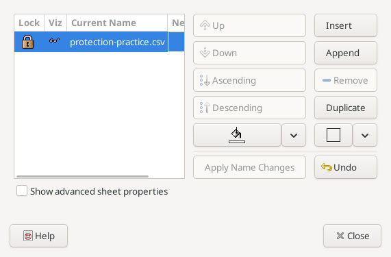 Gnumeric 1.12.57 Manage Sheets showing the practice sheet locked