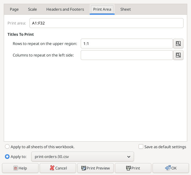 Gnumeric 1.12.57 print area after the Set Print Area command and repeated row setting