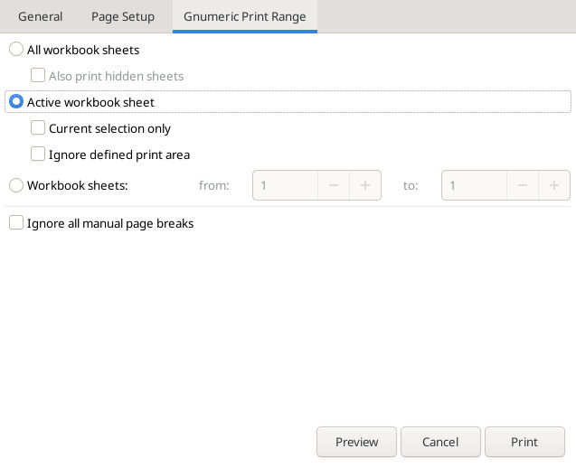 Gnumeric 1.12.57 print range using the active sheet and respecting the defined print area