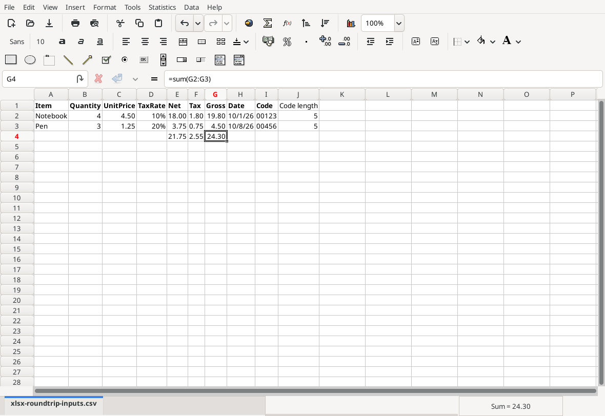 Gnumeric 1.12.57 reopened XLSX recalculating after quantity changes to four