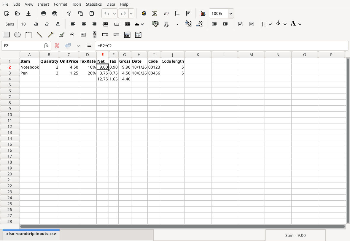 Gnumeric 1.12.57 reopened XLSX showing arithmetic results, dates and text codes