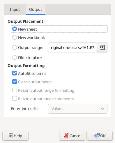 Gnumeric 1.12.57 Advanced Filter output set to New sheet