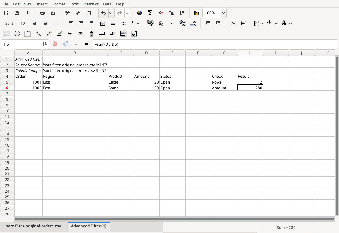 Gnumeric 1.12.57 Advanced Filter result with two East Open orders and amount 280