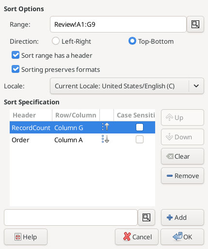 Gnumeric 1.12.57 sort specification with RecordCount then Order