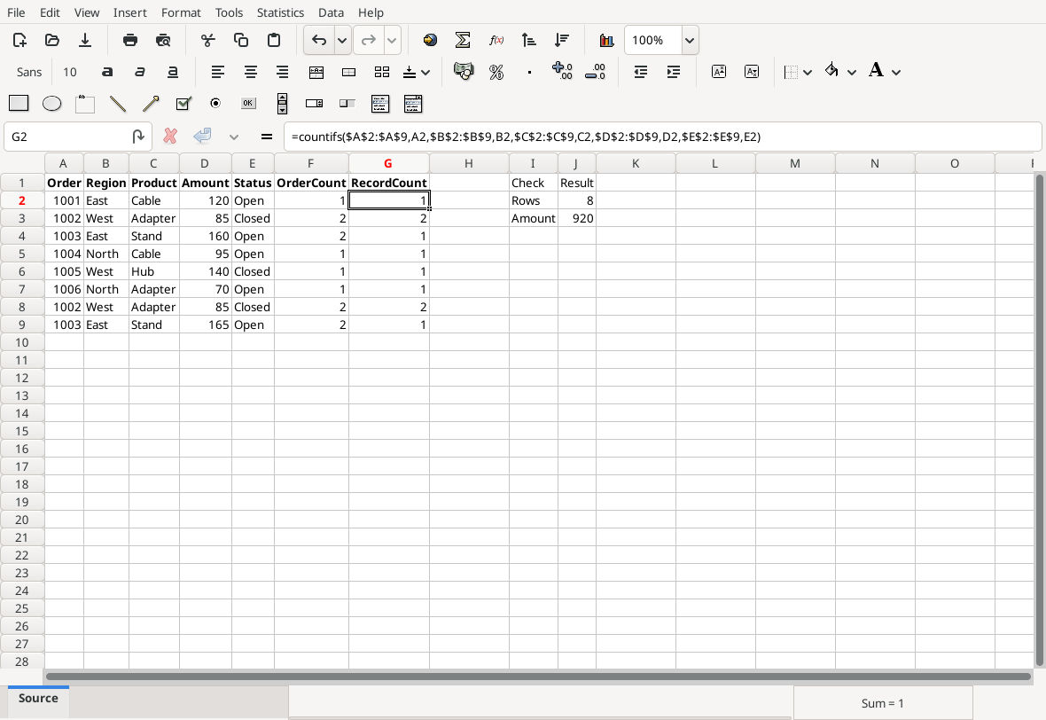 Gnumeric 1.12.57 source records with COUNTIF and COUNTIFS helper counts