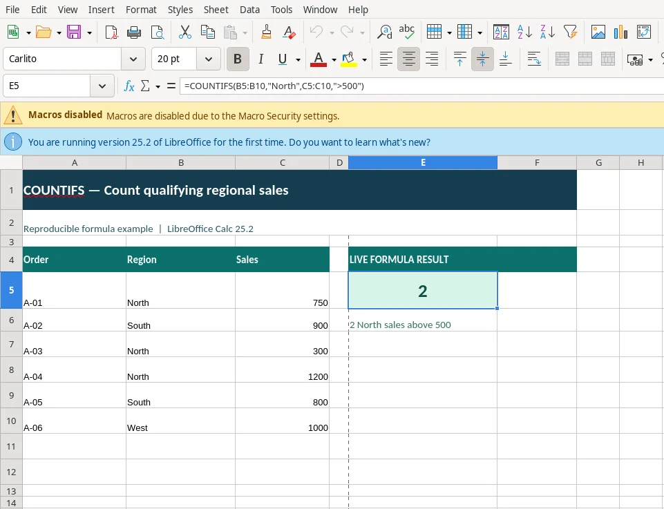 LibreOffice Calc 25.2 actual screenshot of the COUNTIFS function with source cells, the formula in the formula bar, and result 2 North sales above 500
