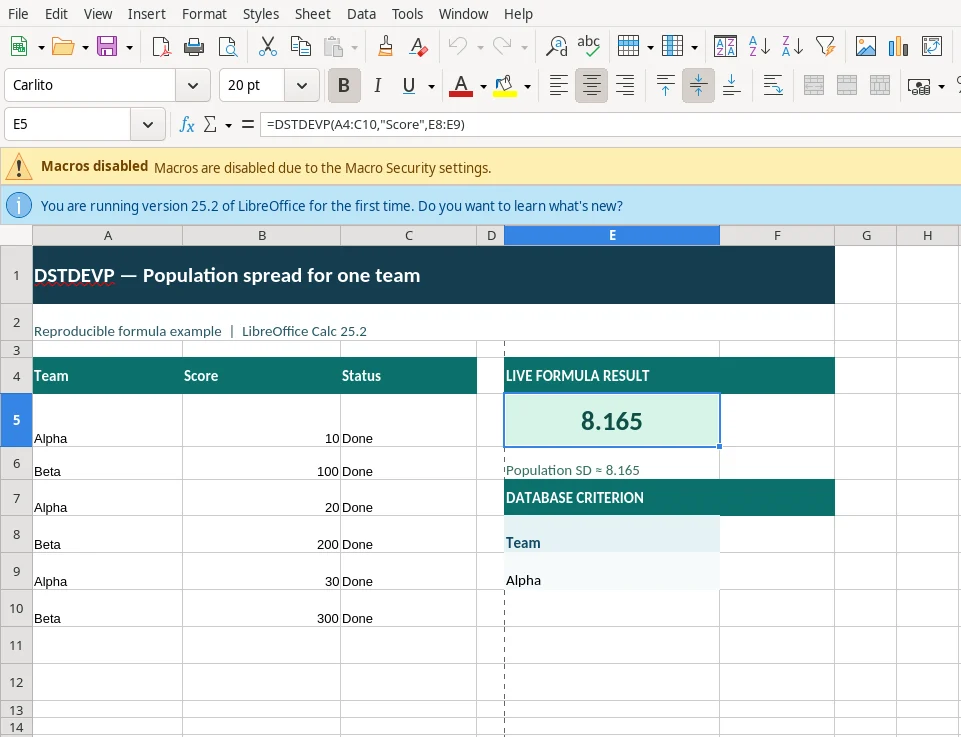 LibreOffice Calc 25.2 actual screenshot of the DSTDEVP function with source cells, the formula in the formula bar, and result Population SD ≈ 8.165