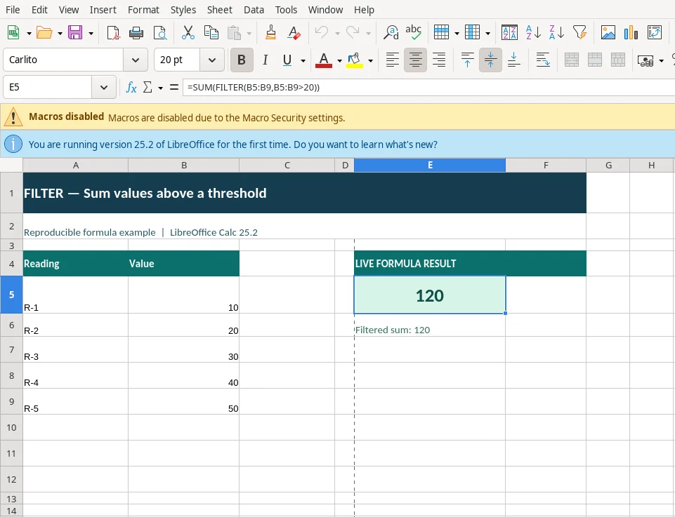LibreOffice Calc 25.2 actual screenshot of the FILTER function with source cells, the formula in the formula bar, and result Filtered sum: 120