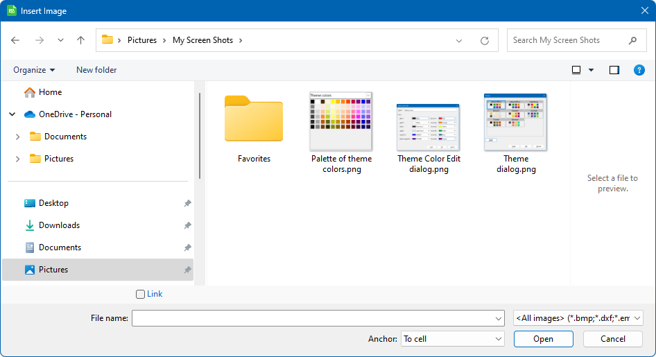 Publisher illustration of the Insert Image dialog, with Link unchecked and Anchor set to To cell