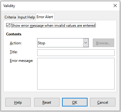 Publisher example of the Validity Error Alert tab, with the invalid-value message enabled and Action set to Stop.