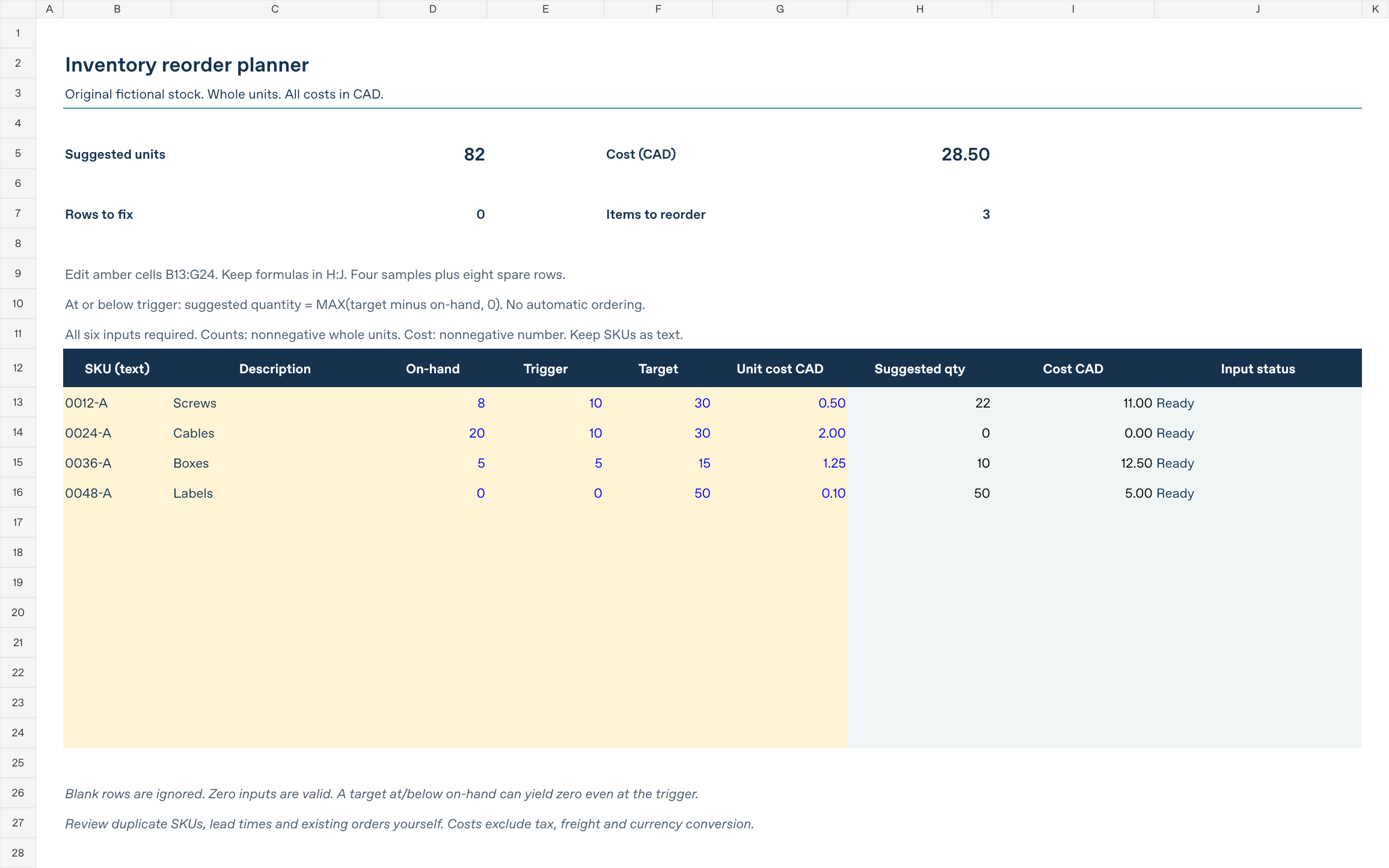 Rendered workbook preview showing the stock inputs and suggested quantities and costs