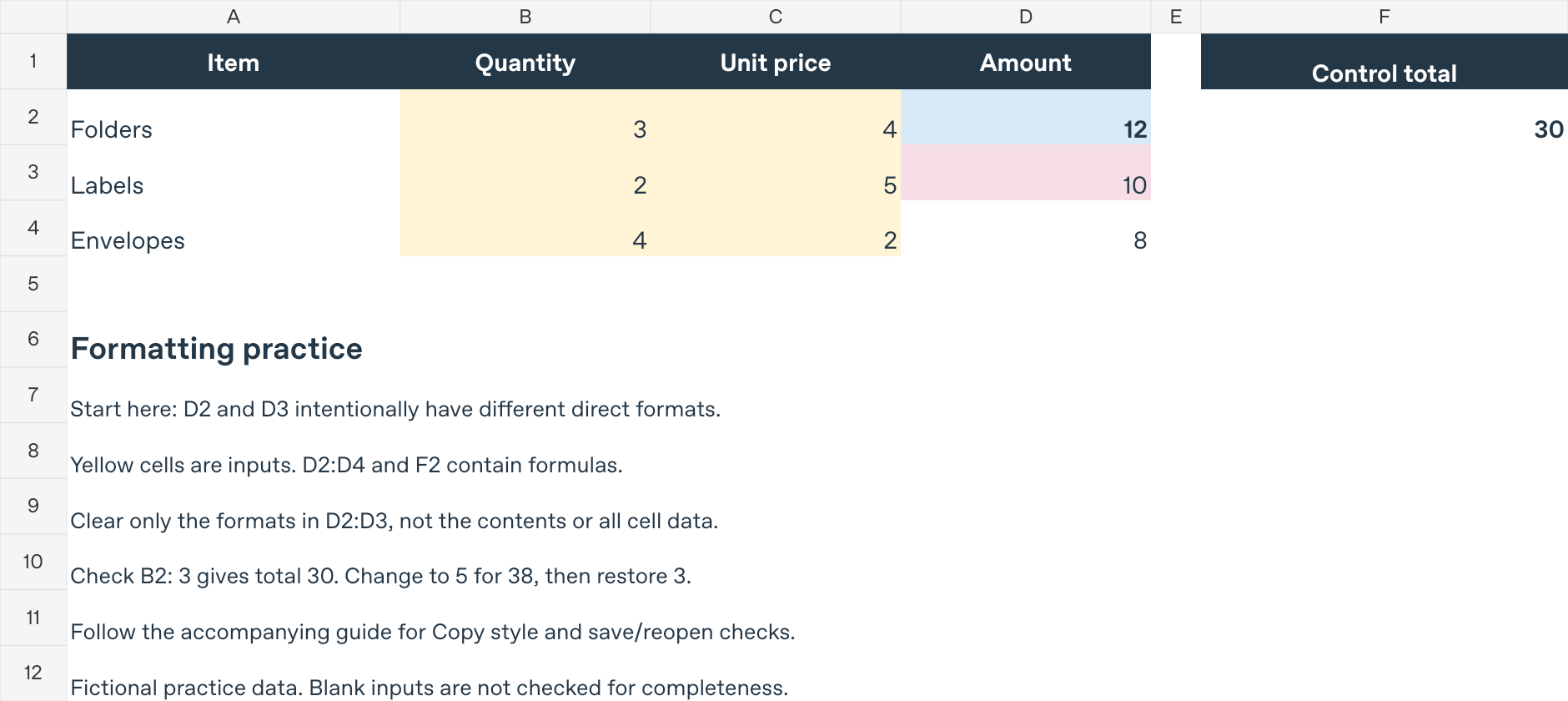 Artifact-rendered workbook preview showing the three Amount results 12, 10 and 8, and the control total 30