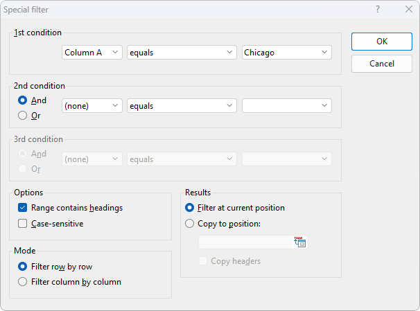 Official PlanMaker documentation dialog showing three conditions, And and Or choices, row filtering, and Copy to position.