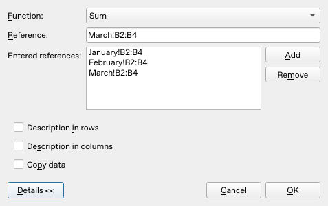 Calligra Sheets 25.04.2 Consolidate dialog with Sum and three monthly ranges, Description options and Copy data off