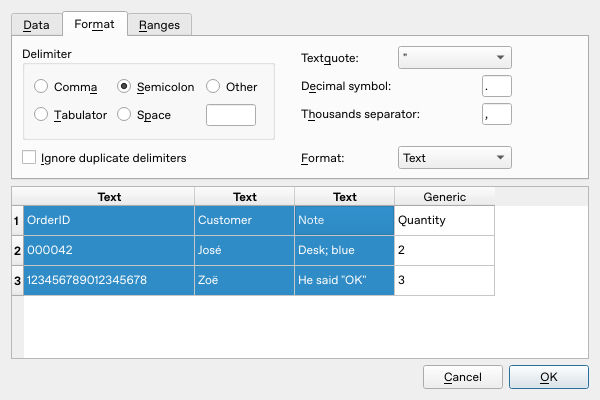 Calligra Sheets 25.04.2 CSV preview with semicolon delimiter, double quotes, three Text columns and one Generic quantity column