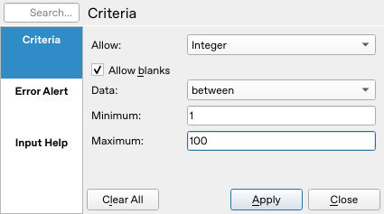 Calligra Sheets 25.04.2 validity criteria allowing Integer values between 1 and 100 with Allow blanks selected