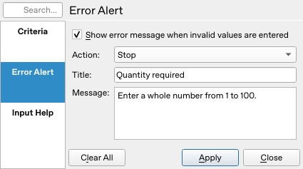 Calligra Sheets 25.04.2 enabled Stop error alert with initial Quantity required title and whole-number message