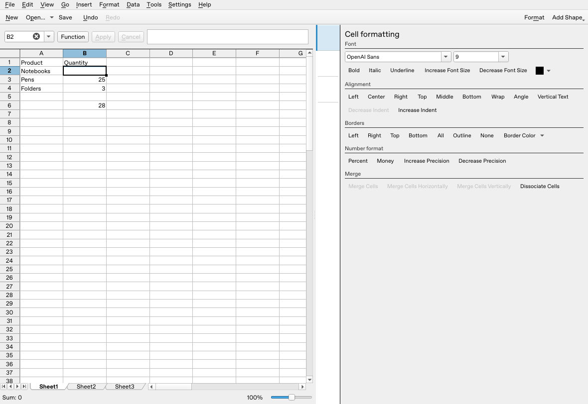 Calligra Sheets 25.04.2 separate no-blanks probe after Delete cleared B2, leaving quantities 25 and 3 and total 28