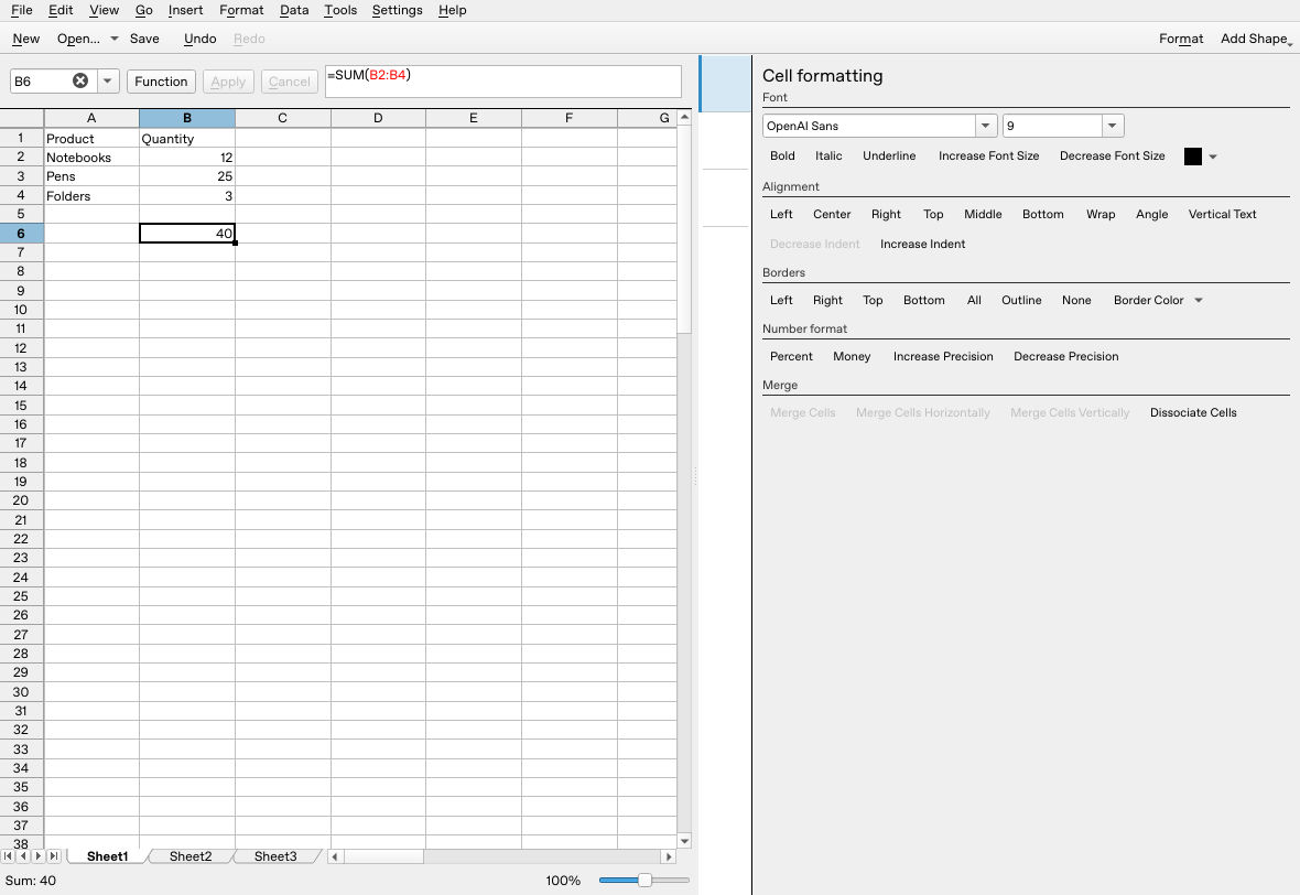 Reopened Calligra Sheets 25.04.2 order quantities 12, 25 and 3 with SUM result 40
