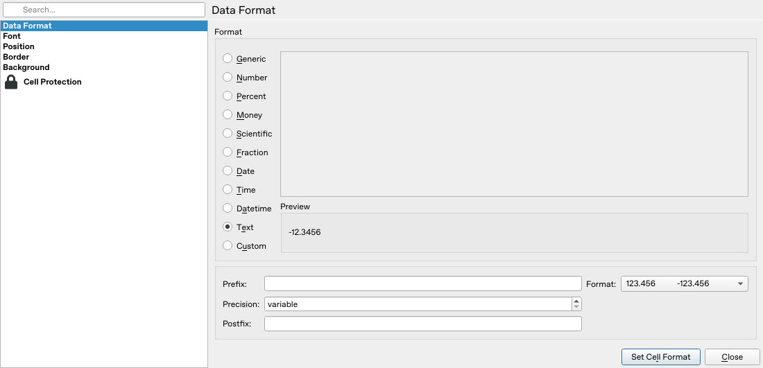 Calligra Sheets 25.04.2 Data Format dialog reopened to verify Text retained before typing identifiers