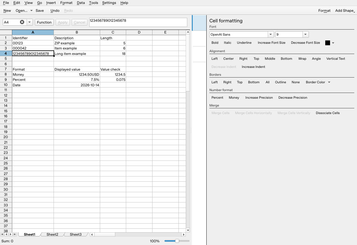 Reopened Calligra Sheets 25.04.2 exact text identifiers and lengths 5, 6 and 18, plus numeric, percentage and date checks