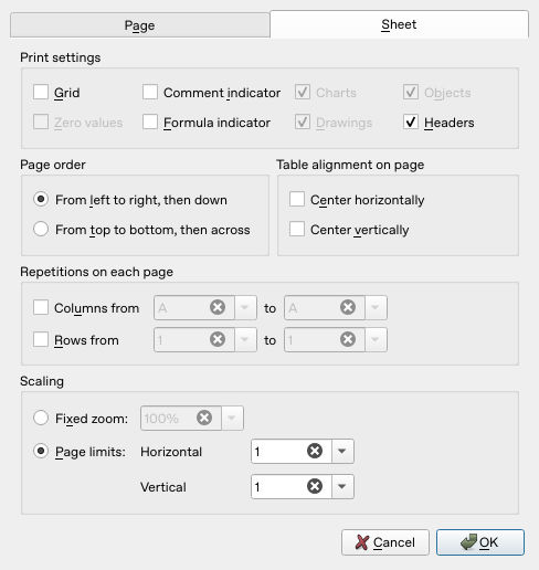 Calligra Sheets 25.04.2 Sheet page with Horizontal 1 and Vertical 1 page limits selected