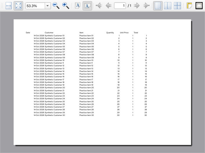 Calligra Sheets 25.04.2 native landscape print preview showing one page with all six columns and thirty order records