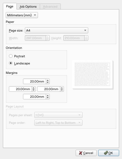 Calligra Sheets 25.04.2 PDF printer properties showing A4 landscape and 20 millimeter margins