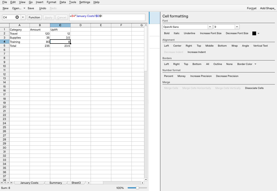 Calligra Sheets 25.04.2 C4 references the fixed January Costs D1 rate and returns 8, with uplift total 23.5