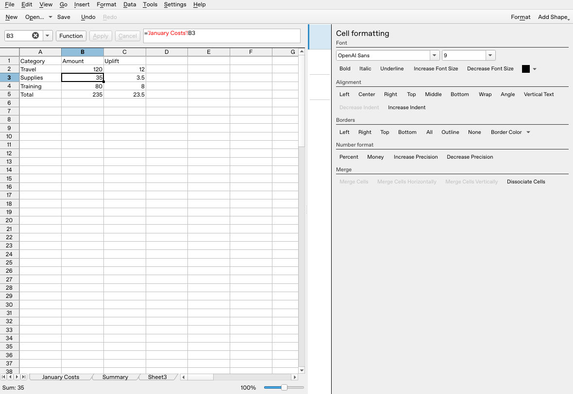 Calligra Sheets 25.04.2 individually entered quoted January Costs B3 reference returns 35, with total 235