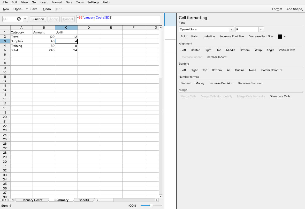 Calligra Sheets 25.04.2 after reopening and changing source Supplies to 40, with totals 240 and 24
