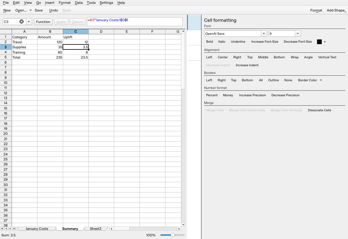Calligra Sheets 25.04.2 after restoring source Supplies to 35 following reopening, with totals 235 and 23.5