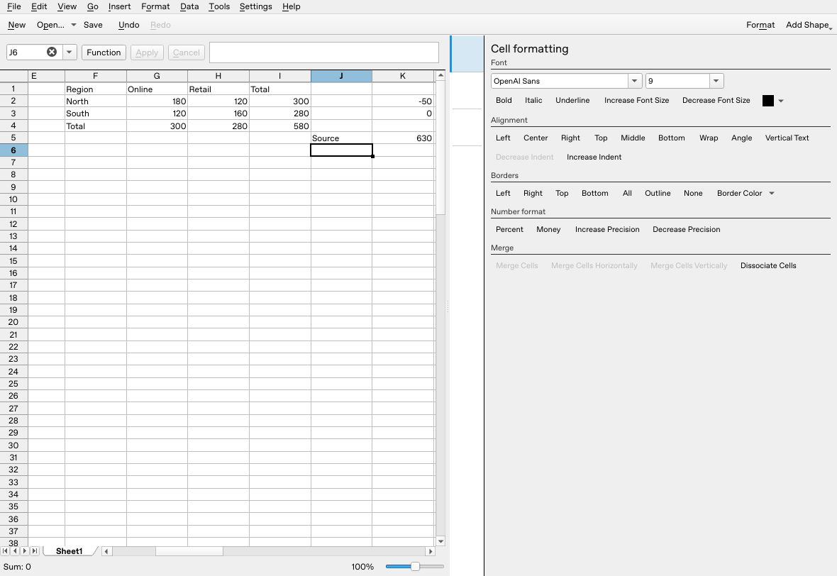 Calligra Sheets 25.04.2 appended sale leaves fixed-range summary at 580 against source total 630 and difference minus 50