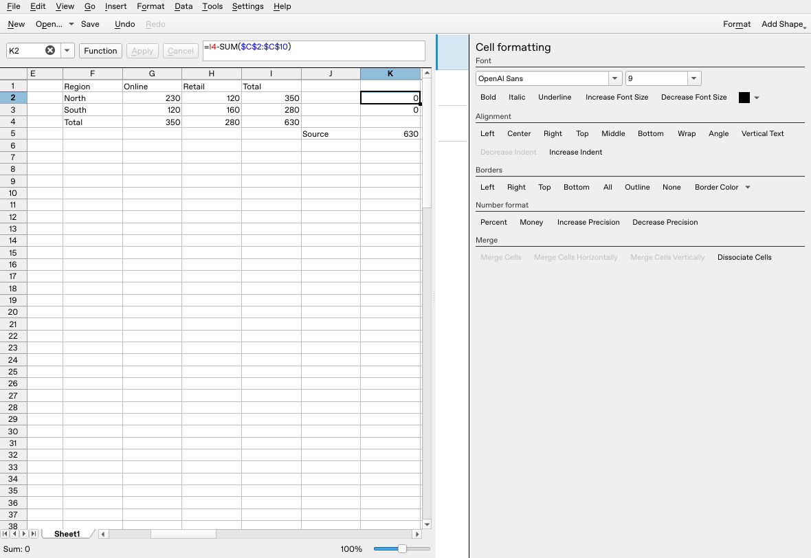 Calligra Sheets 25.04.2 expanded helper and SUMIF ranges include the appended sale, showing total 630 and zero differences